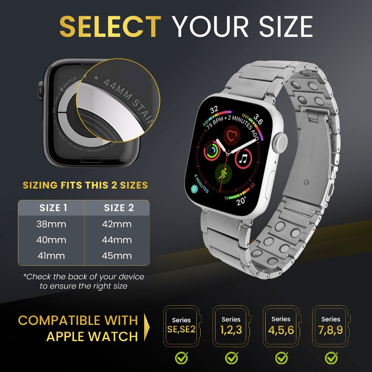 Magnetic Therapy Apple Watch Band Silver Stainless Steel