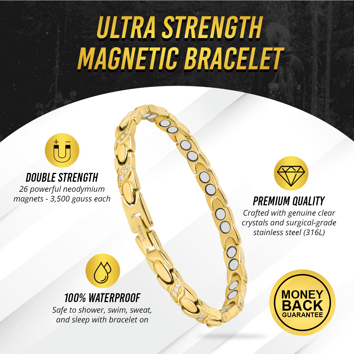 Women's Ultra Strength Magnetic Bracelet Crystal XO (Gold)