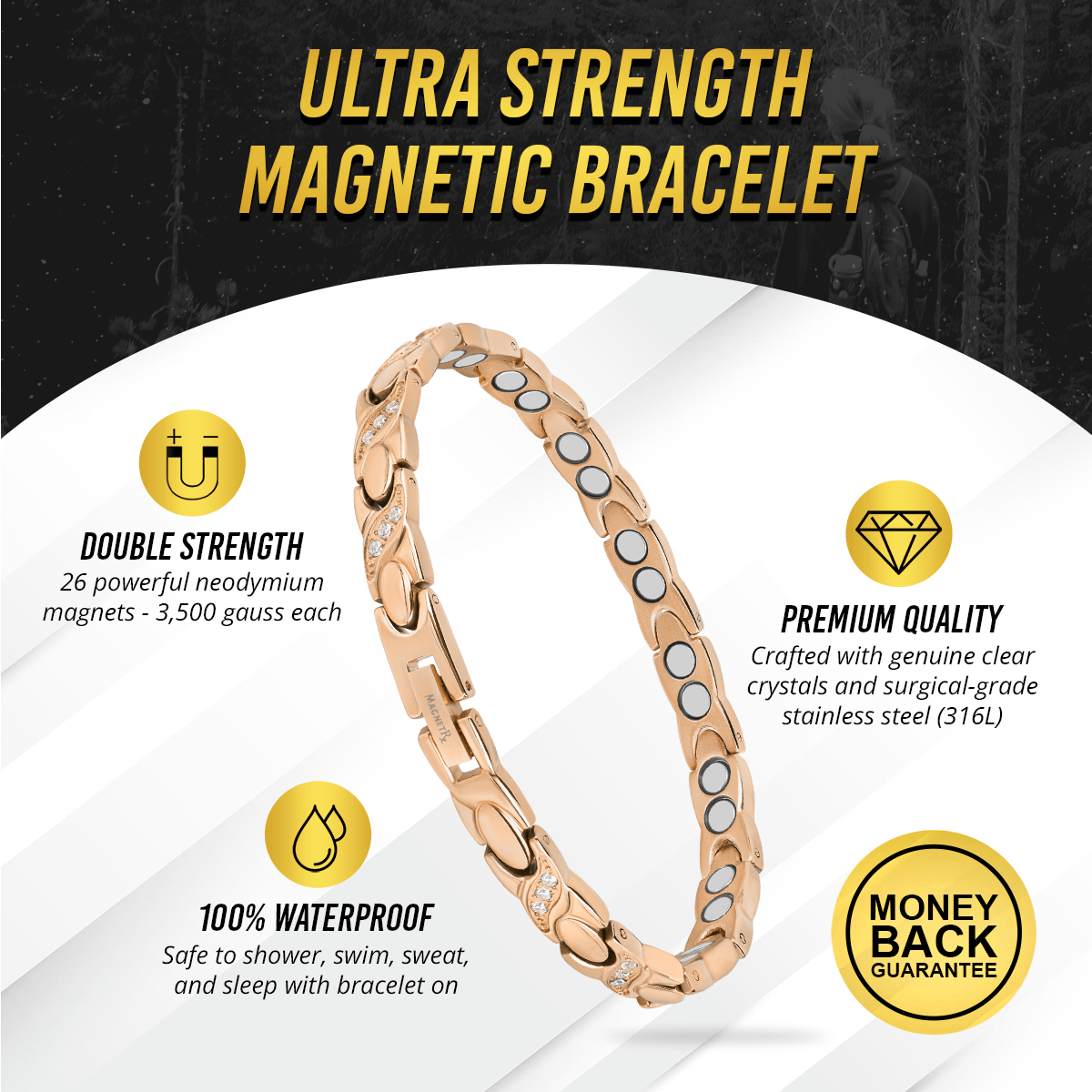 Women's Ultra Strength Magnetic Bracelet Crystal XO (Rose Gold)