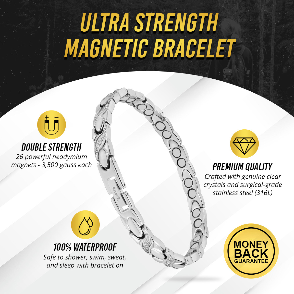 Magnetic Bracelet Women's Ultra Strength Magnetic Bracelet Crystal XO (Silver) MagnetRX