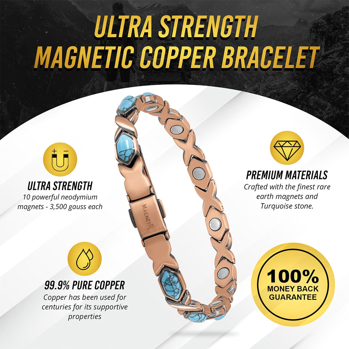 Women's Ultra Strength Pure Copper Magnetic Bracelet (Turquoise XO)
