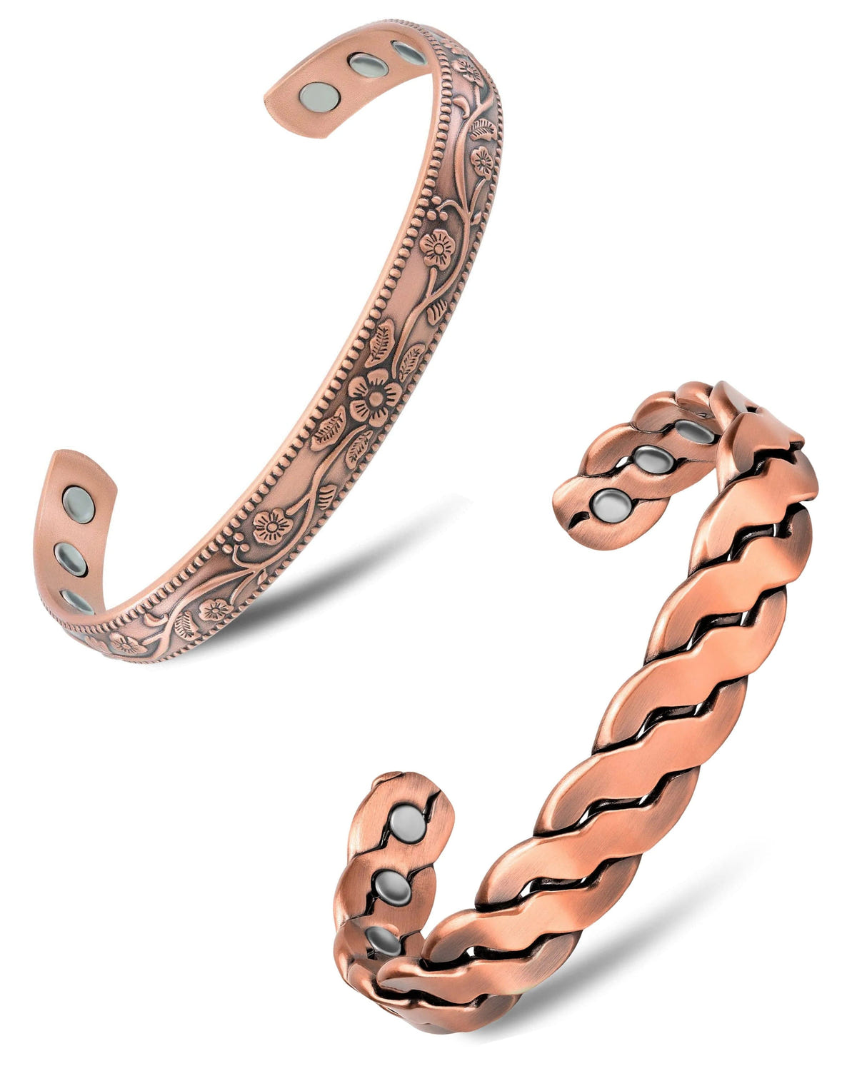 Magnetic Bundles His & Hers Copper Magnetic Cuffs – Twisted & Floral MagnetRX