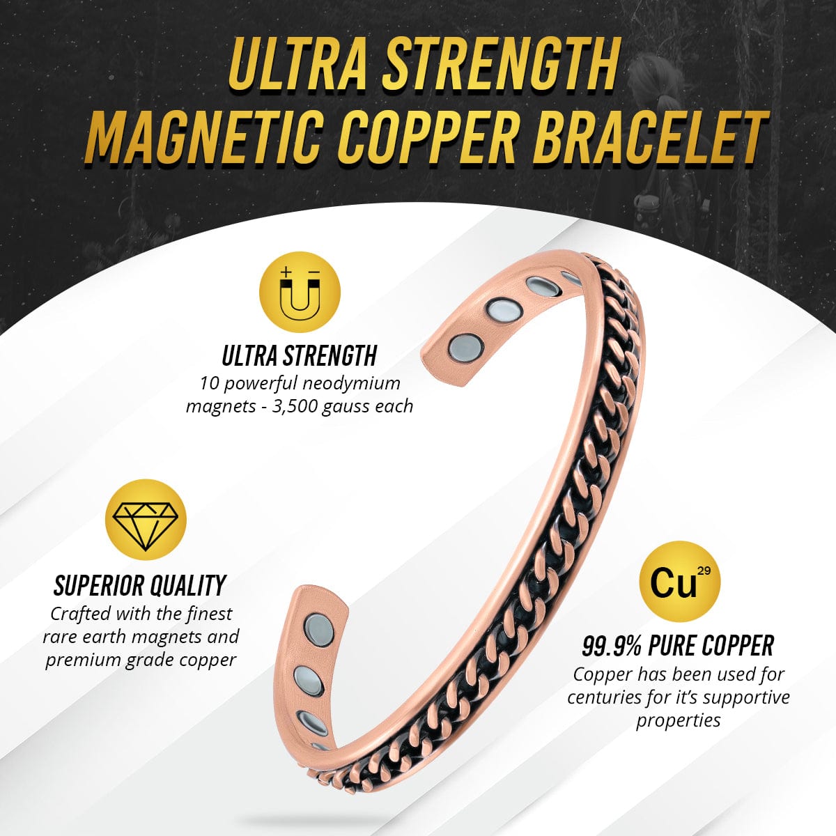 Curb Chain Inlay Copper Cuff Magnetic Therapy Bracelet for Men & Women