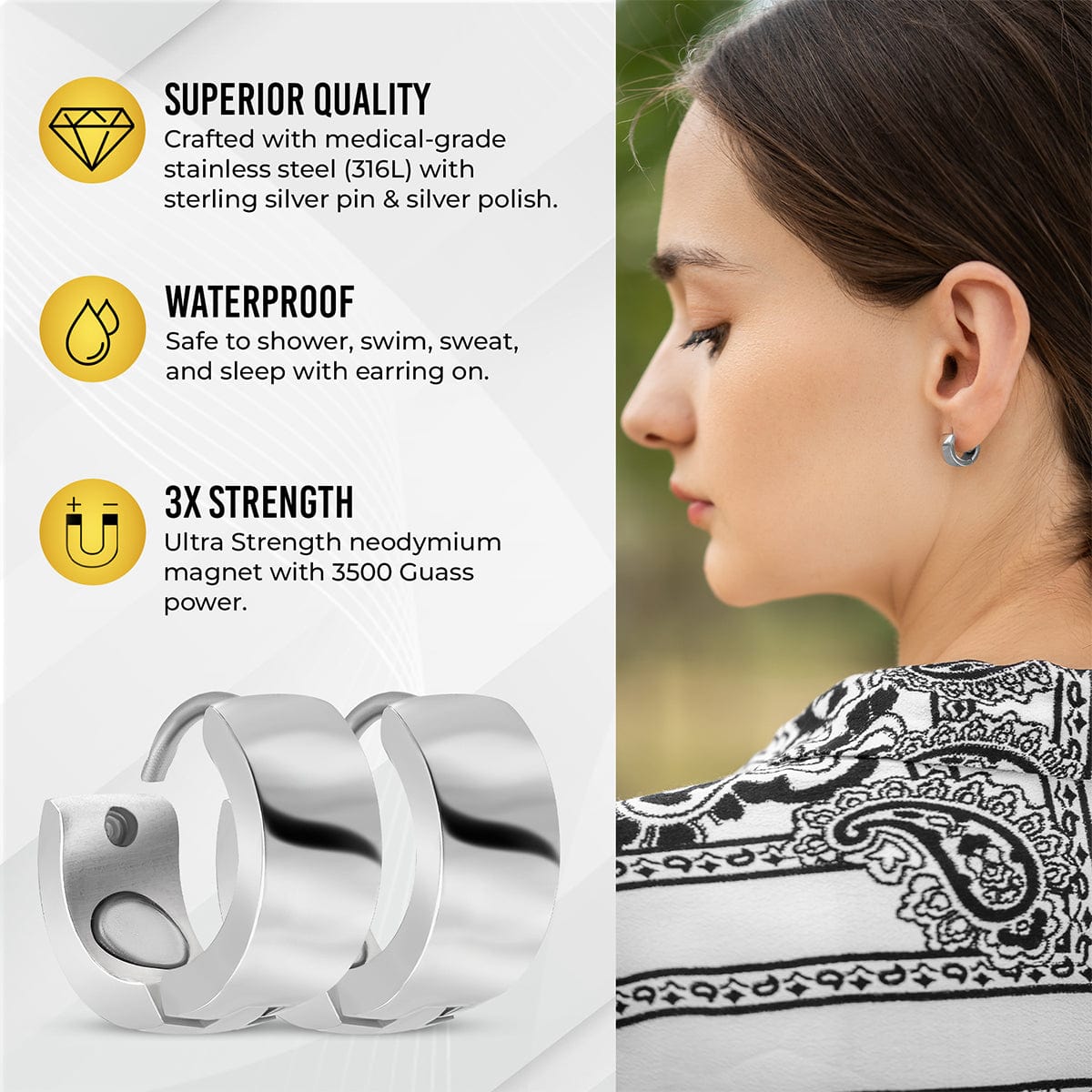 Polished Magnetic Therapy Earrings for Women (Silver)