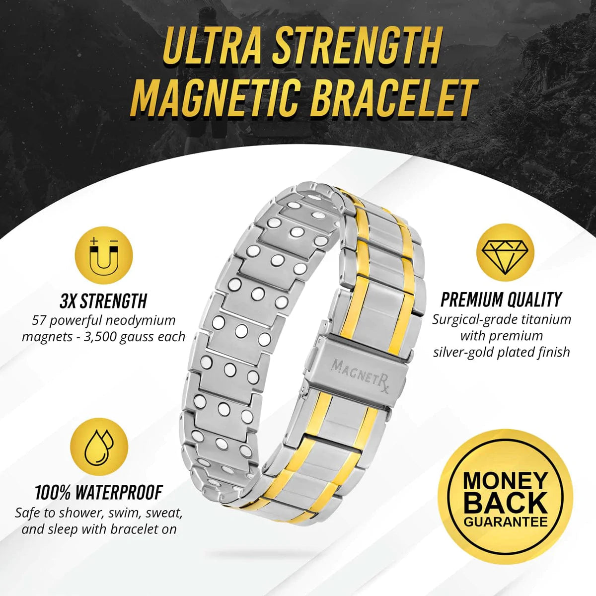 3x Strength Titanium Magnetic Bracelet for Men (Silver & Gold)
