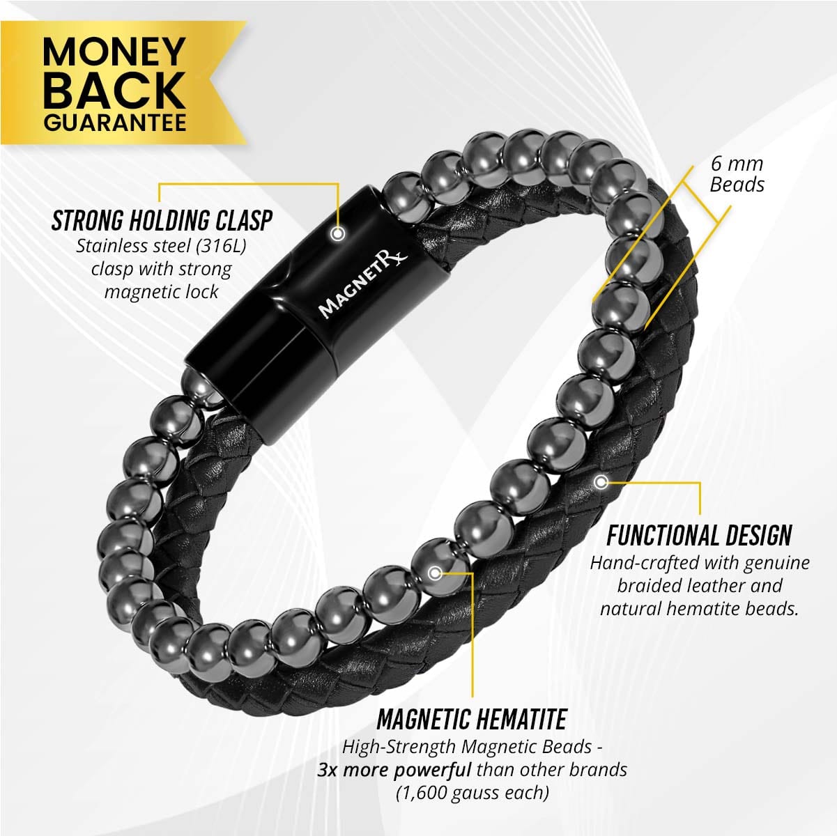 High Power Hematite Bead & Leather Magnetic Bracelet