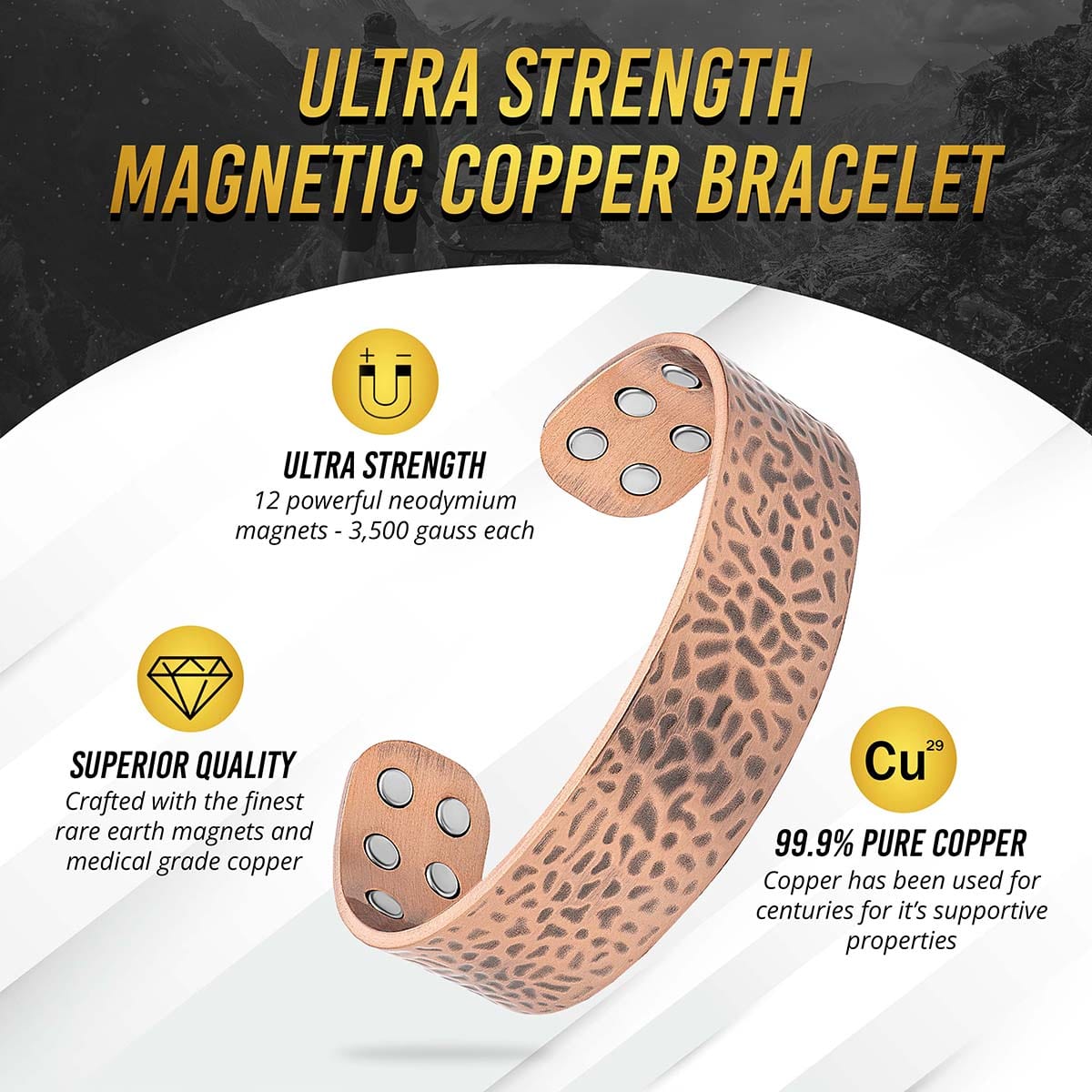Mega Strength Magnetic Therapy Bracelet Wide Hammered Copper Cuff