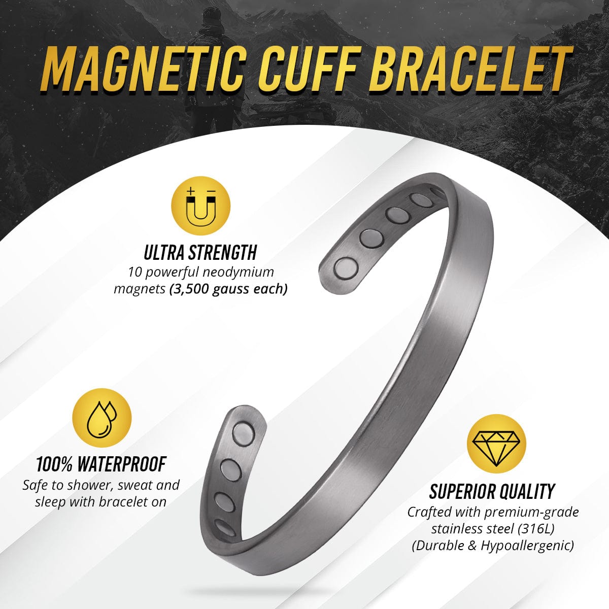 Men’s Magnetic Bracelet Cuff (Brushed Silver)