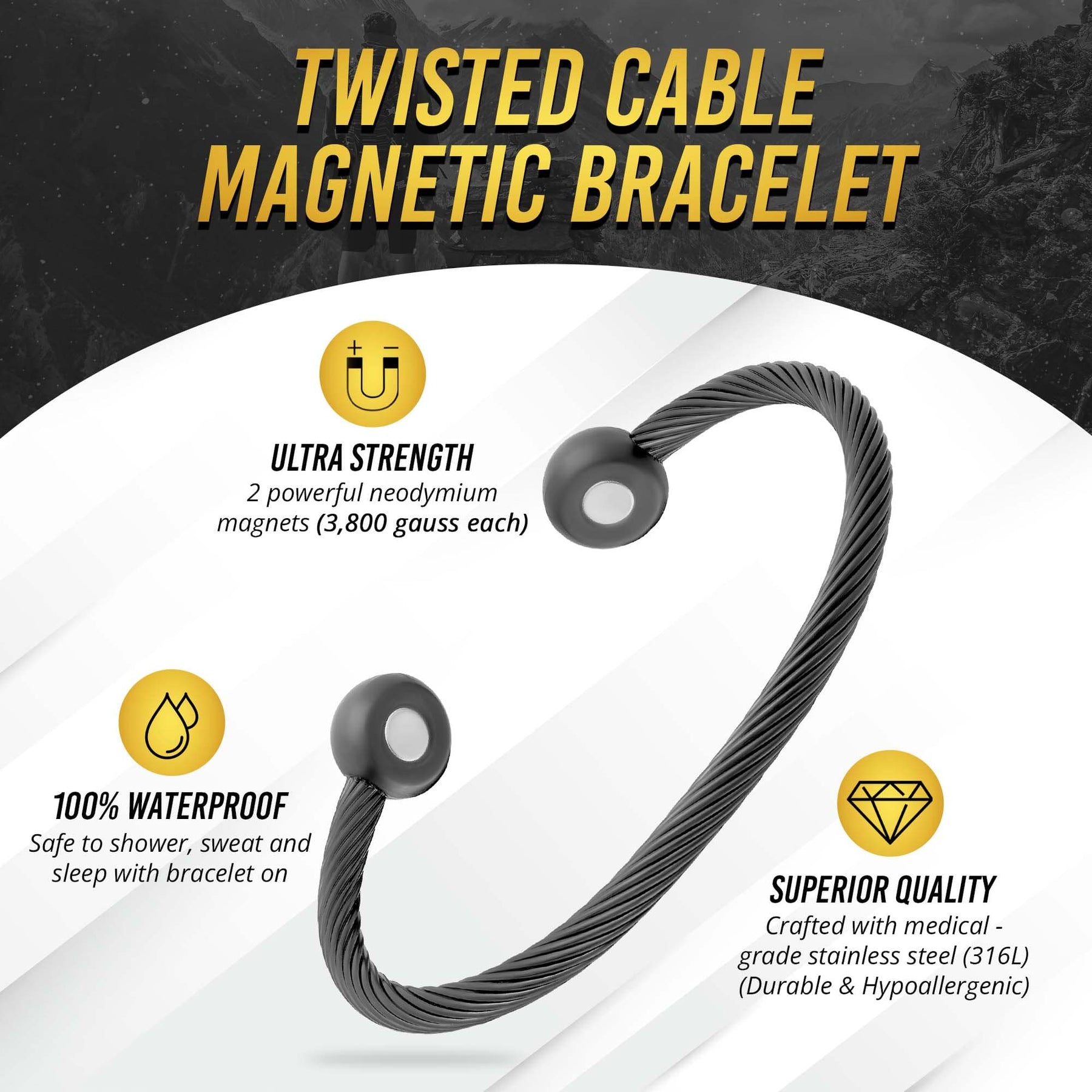 Twisted Cable Magnetic Bracelet Cuff (Gunmetal)