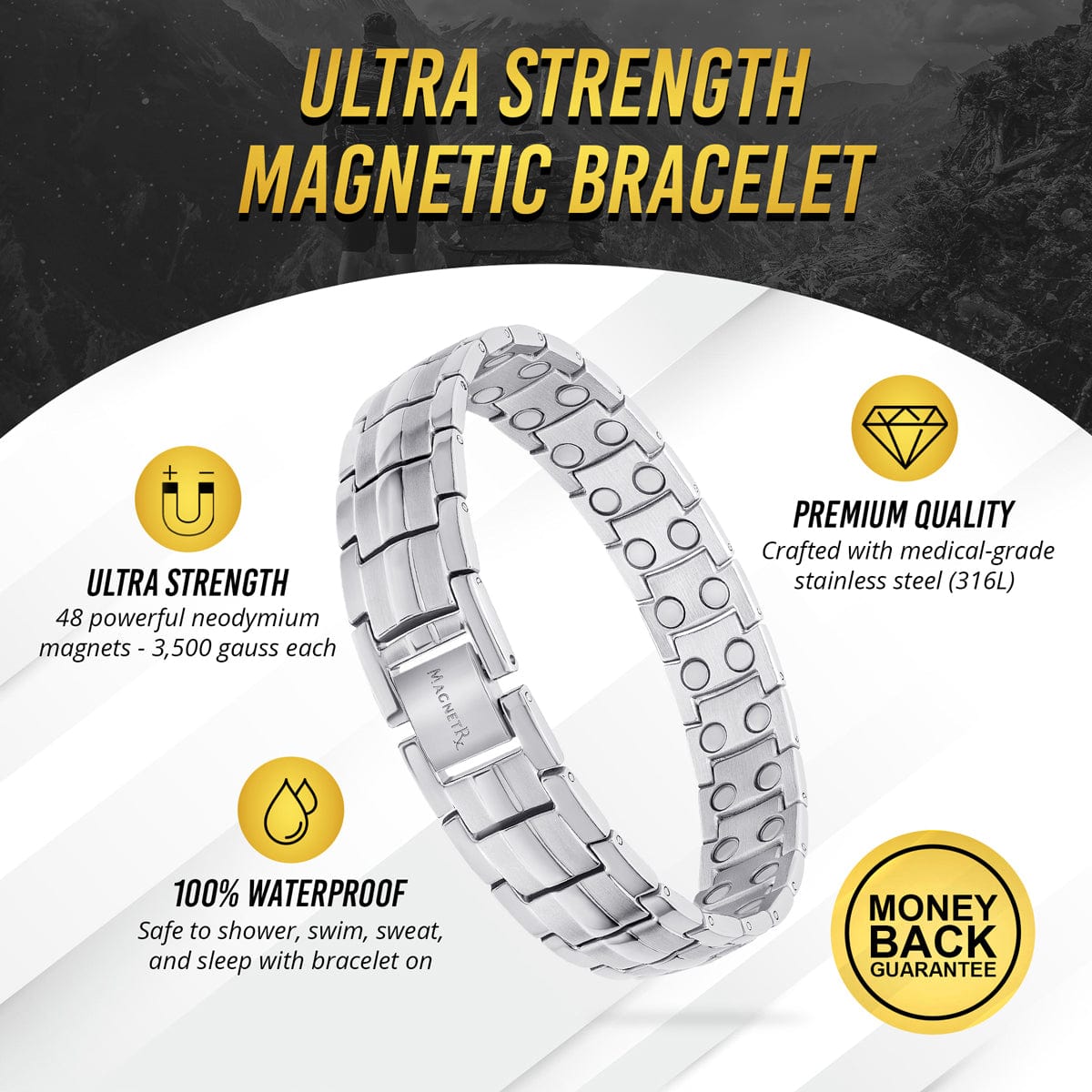 Ultra Strength Magnetic Therapy Bracelet Silver Classic