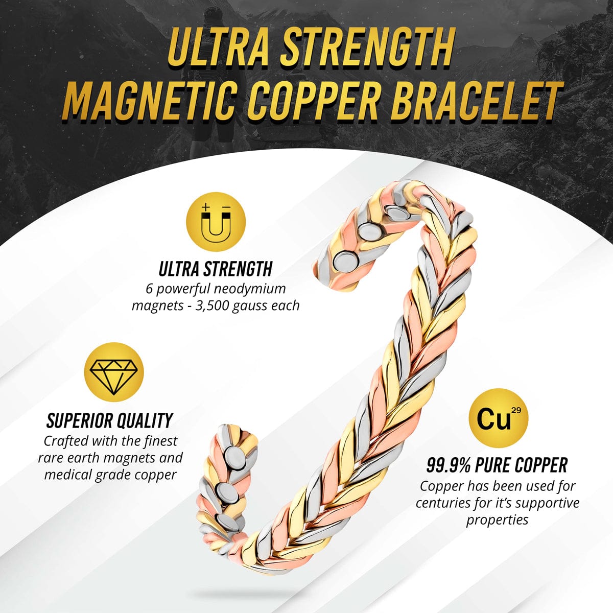 Woven Tri-Tone Magnetic Therapy Bracelet Cuff