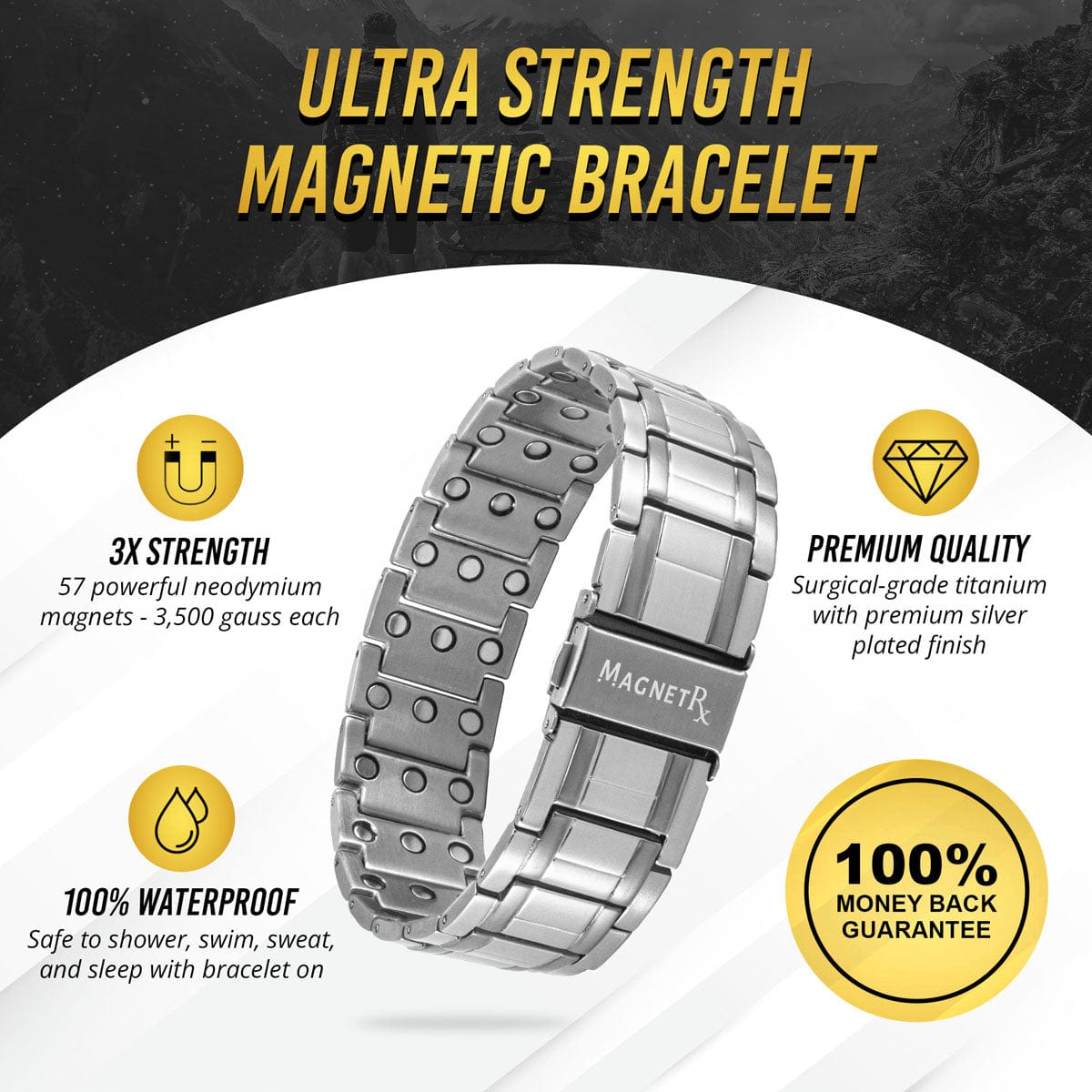 3x Strength Titanium Magnetic Bracelet for Men (Silver)