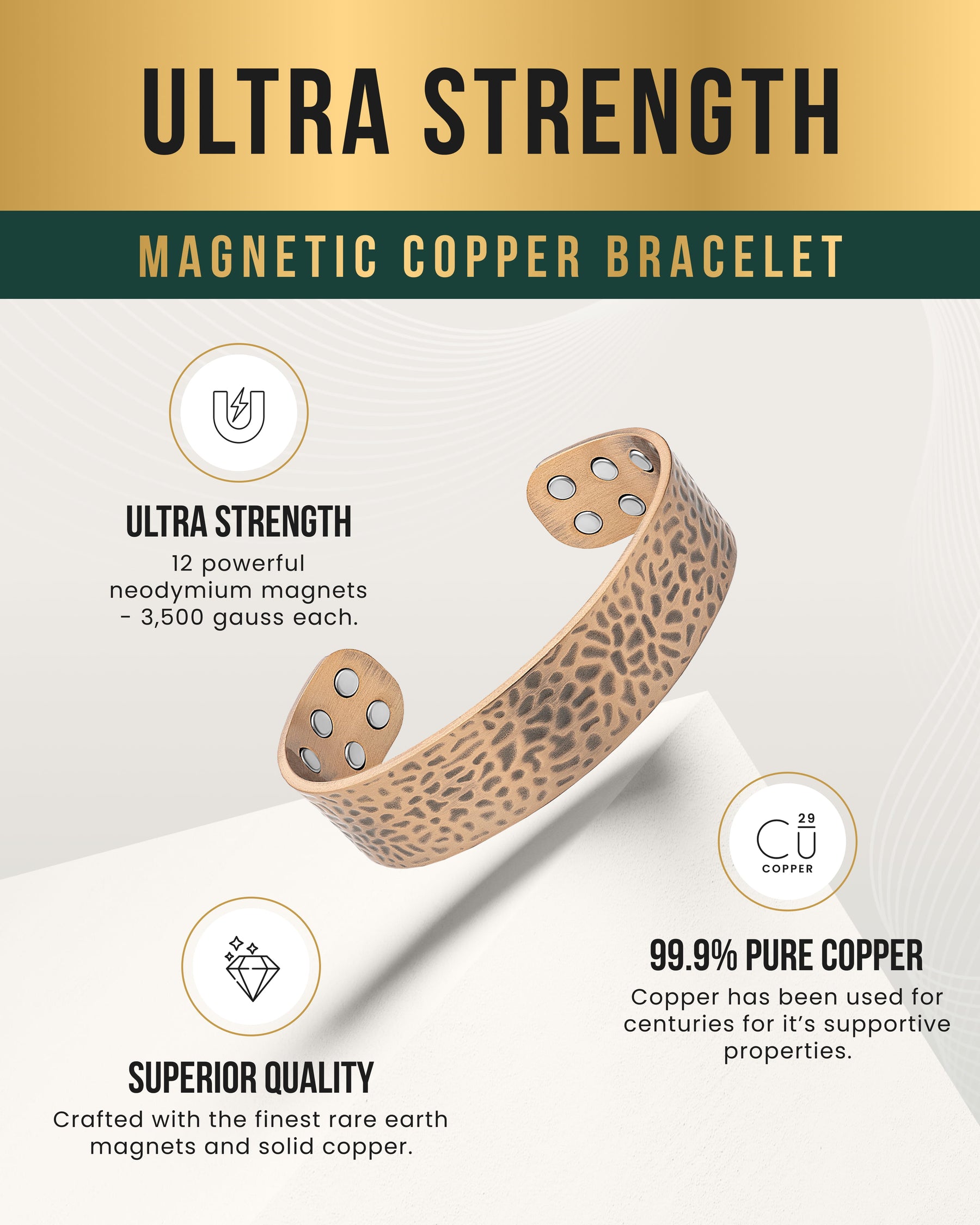 Mega Strength Magnetic Therapy Bracelet Wide Hammered Copper Cuff