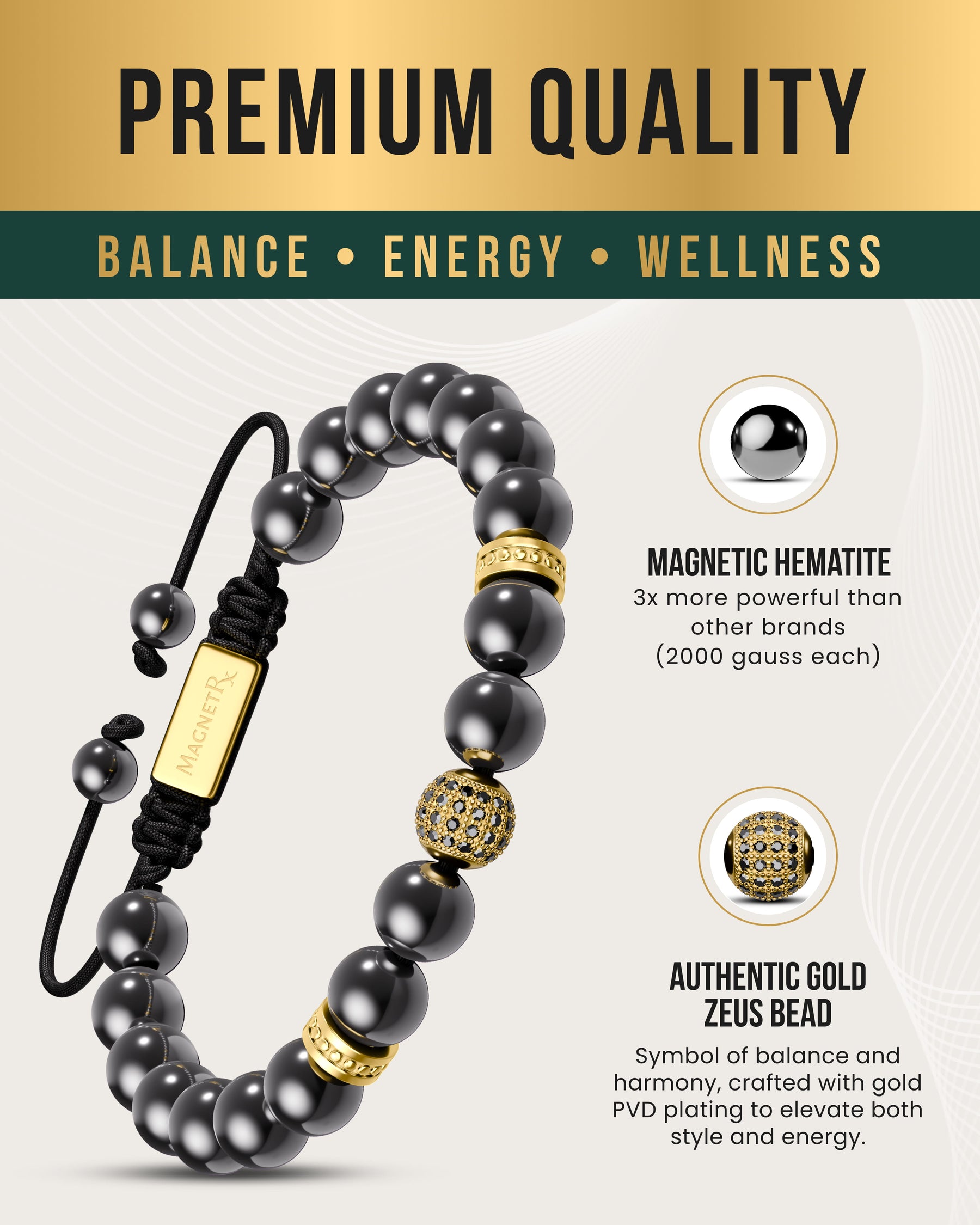 High Power Magnetic Hematite Bracelet Gold Zeus