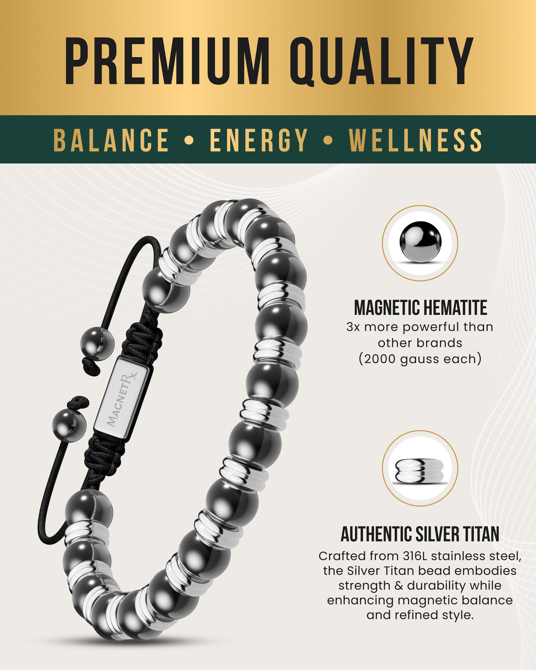 High Power Magnetic Hematite Bracelet Silver Titan