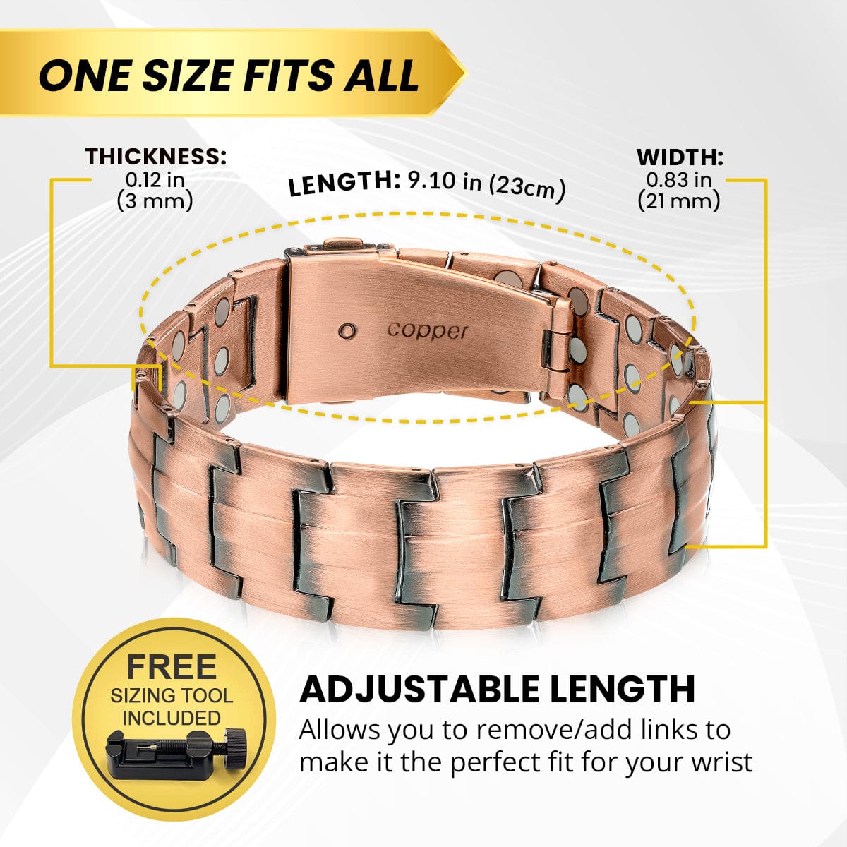  MagnetRX® 3X Strength Copper Bracelet – 99.9% Pure Copper  Bracelets for Men with Magnets – Premium Fold-Over Clasp and Adjustable Bracelet  Length with Included Sizing Tool (Legacy) : Health & Household