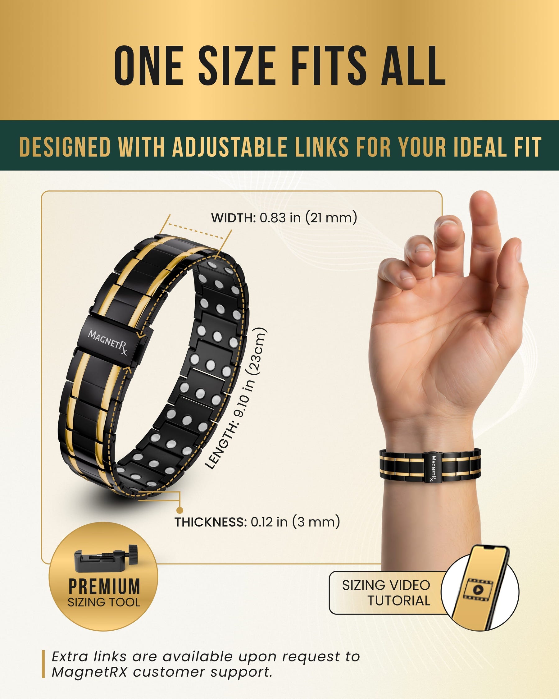 Magnetic Bracelet 3x Strength Titanium Magnetic Bracelet for Men (Black & Gold) MagnetRX