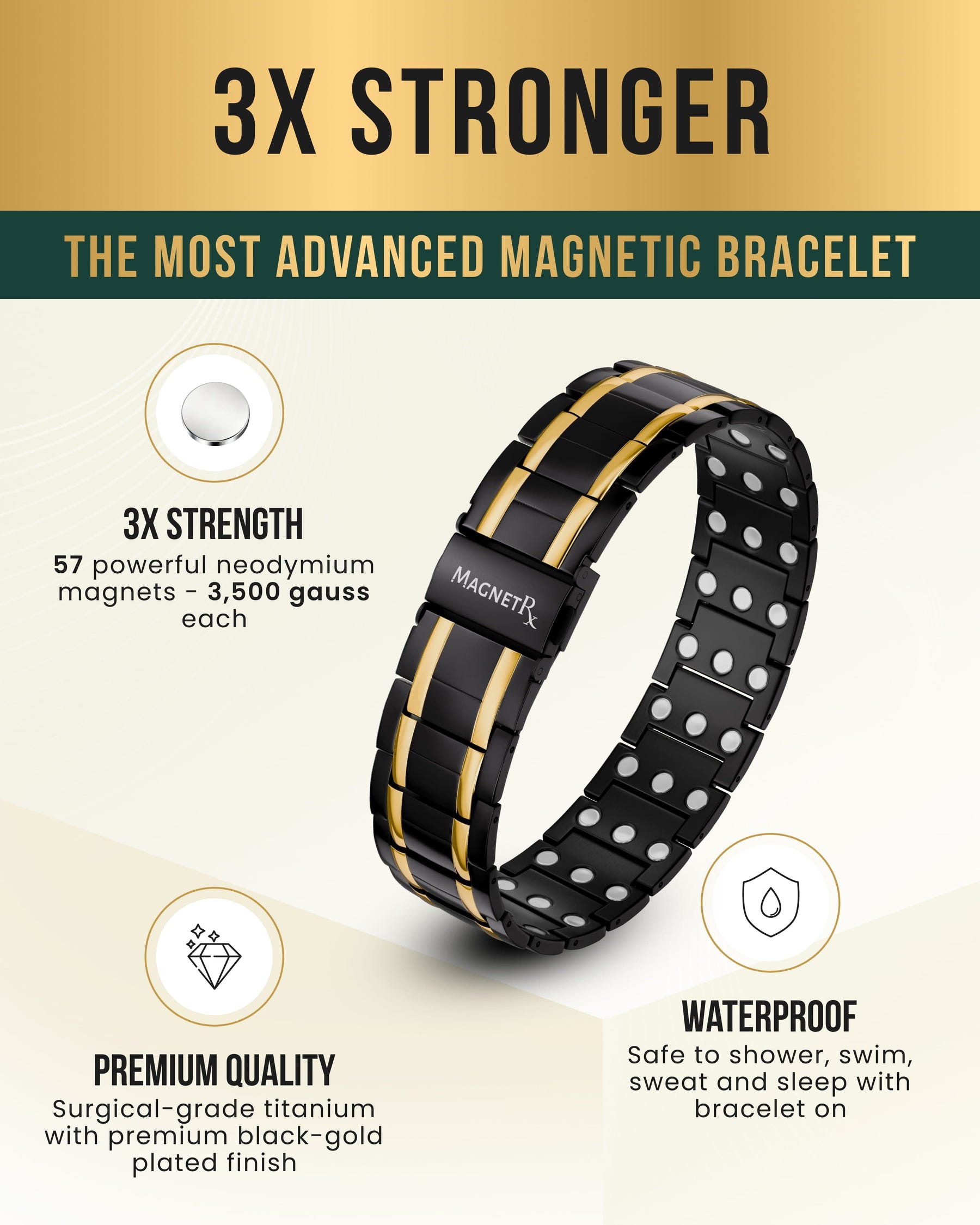 Magnetic Bracelet 3x Strength Titanium Magnetic Bracelet for Men (Black & Gold) MagnetRX