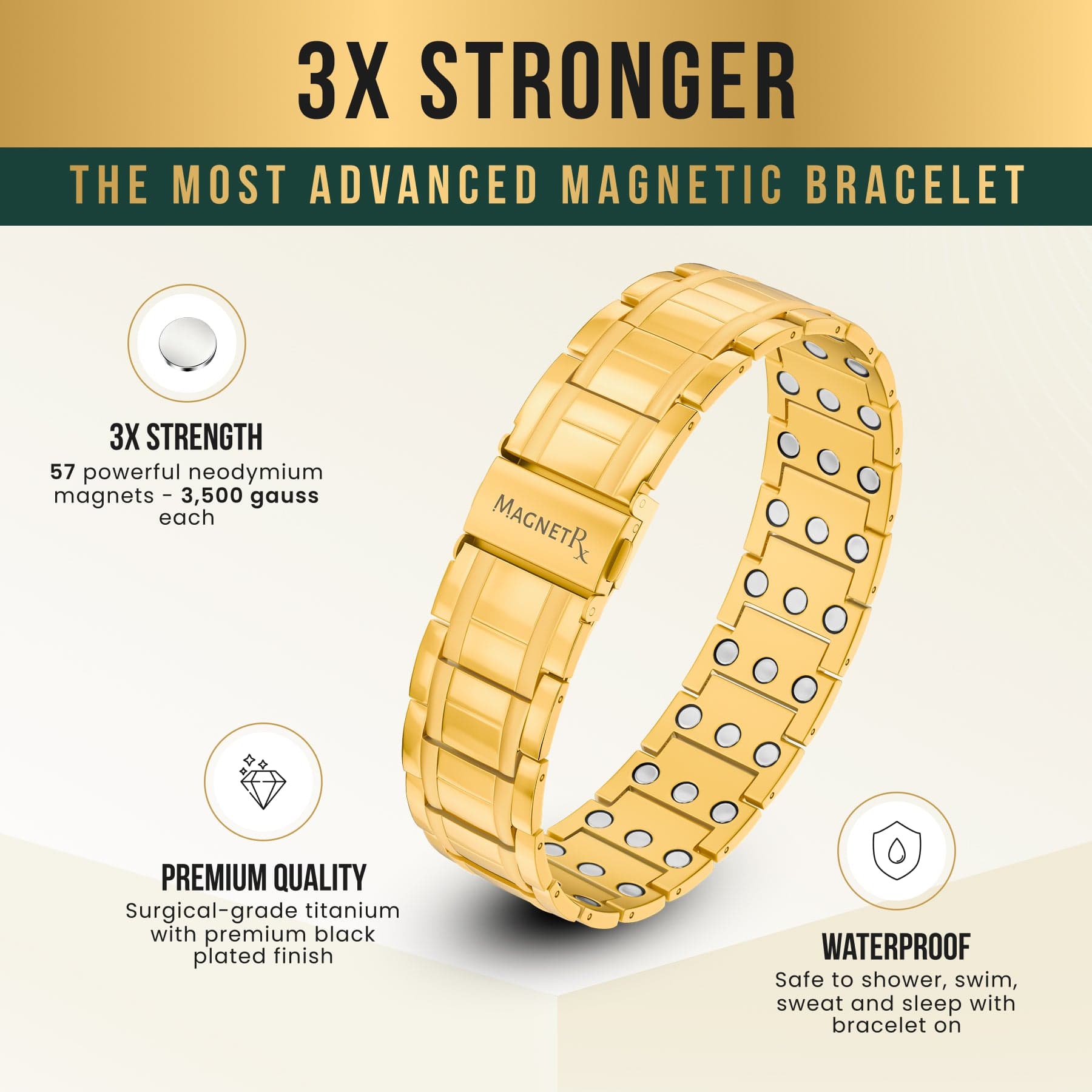 Magnetic Bracelet 3x Strength Titanium Magnetic Bracelet for Men (Gold) MagnetRX