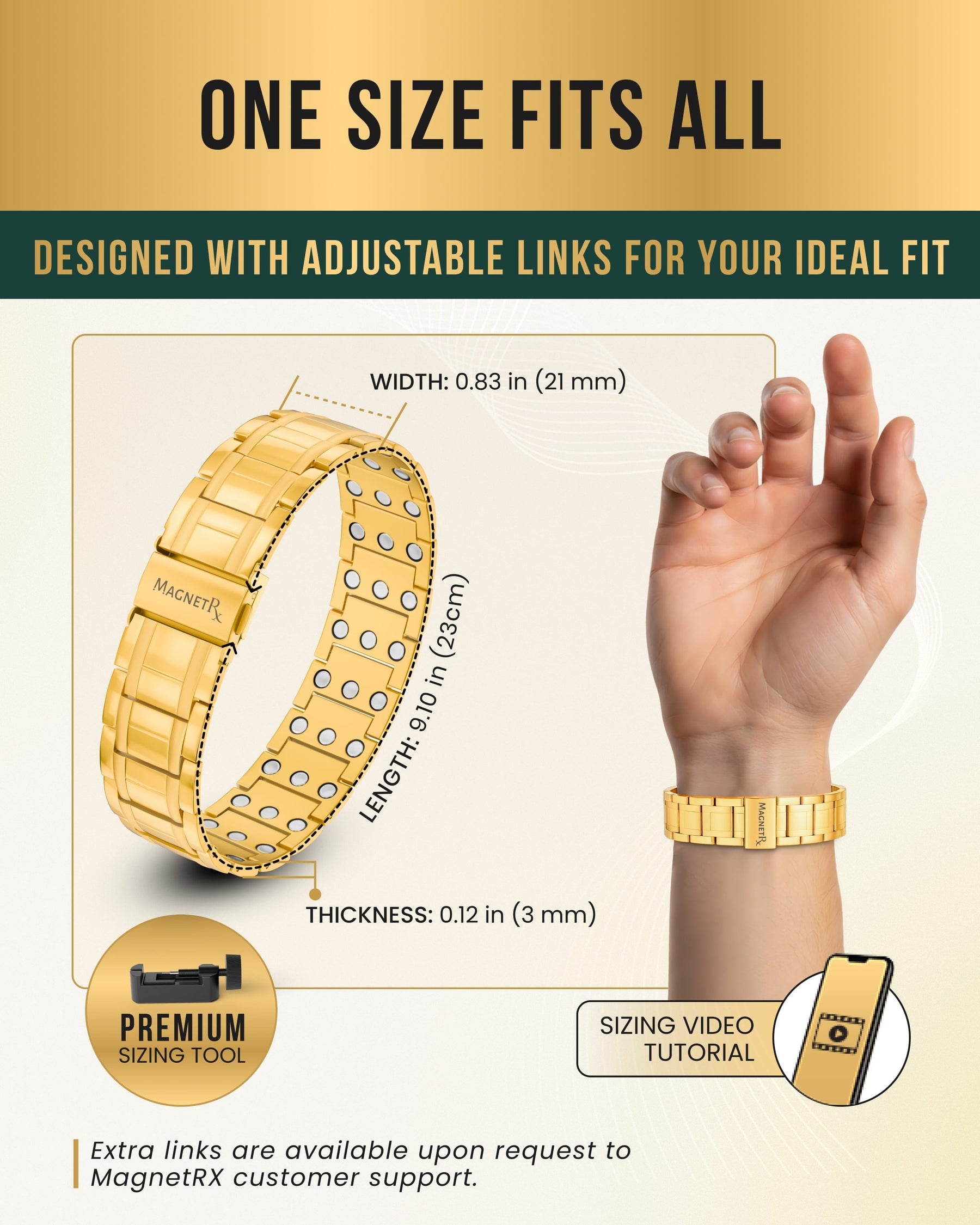 Magnetic Bracelet 3x Strength Titanium Magnetic Bracelet for Men (Gold) MagnetRX