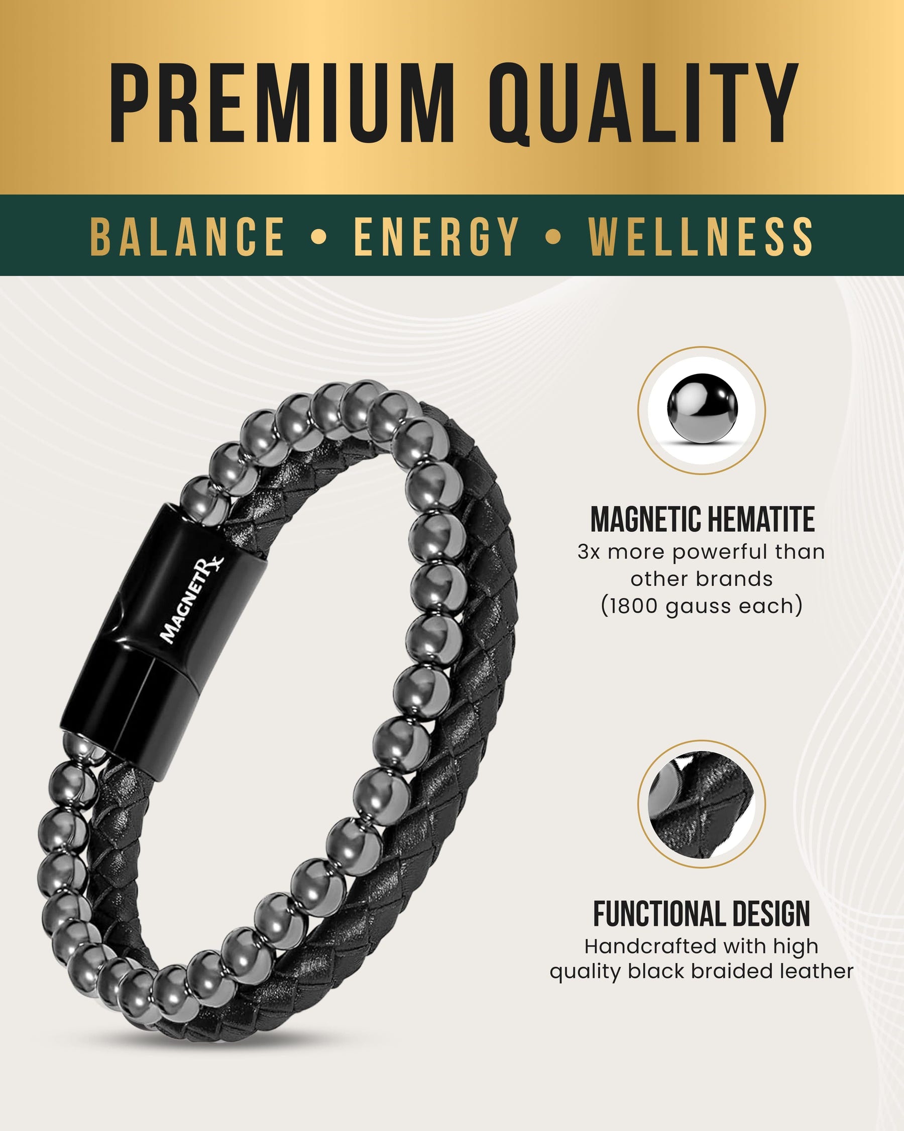 Magnetic Bracelet High Power Hematite Bead & Leather Magnetic Bracelet MagnetRX