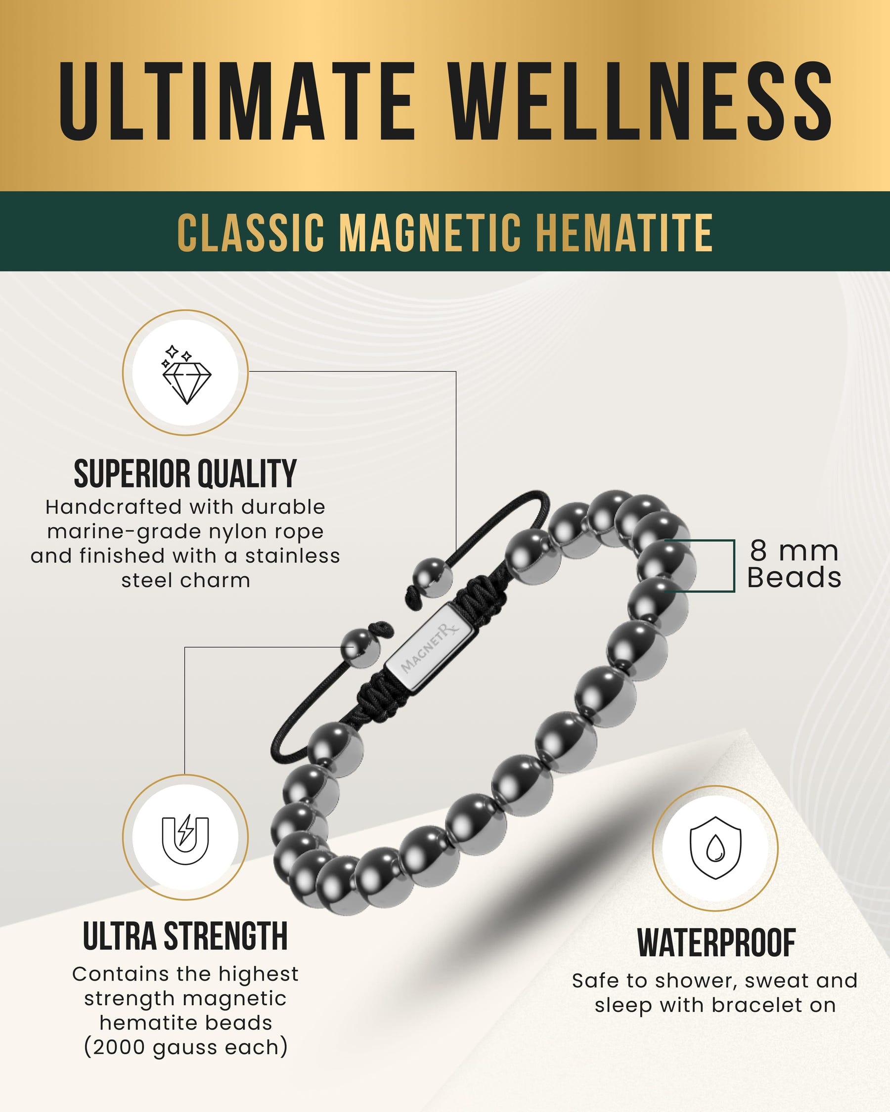 Magnetic Bracelet High Power Magnetic Hematite Bracelet Classic 8mm Bead MagnetRX