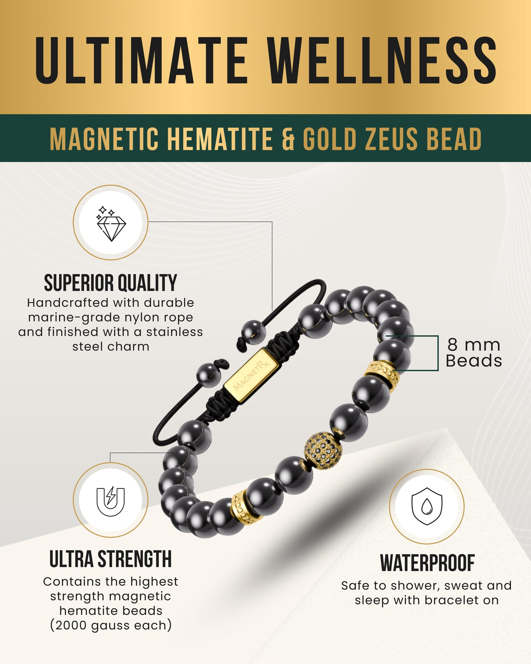 Magnetic Bracelet High Power Magnetic Hematite Bracelet Gold Zeus MagnetRX
