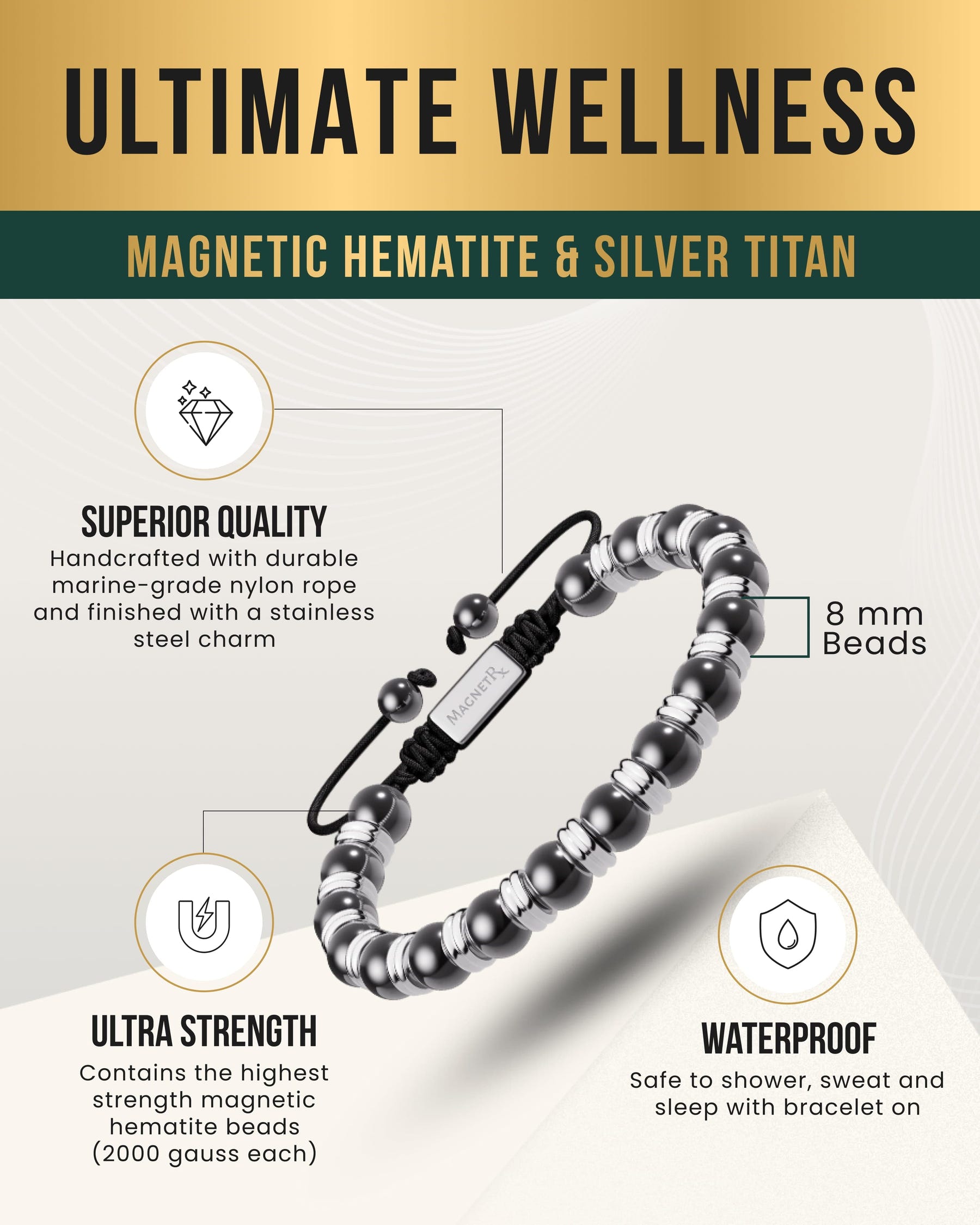 Magnetic Bracelet High Power Magnetic Hematite Bracelet Silver Titan MagnetRX