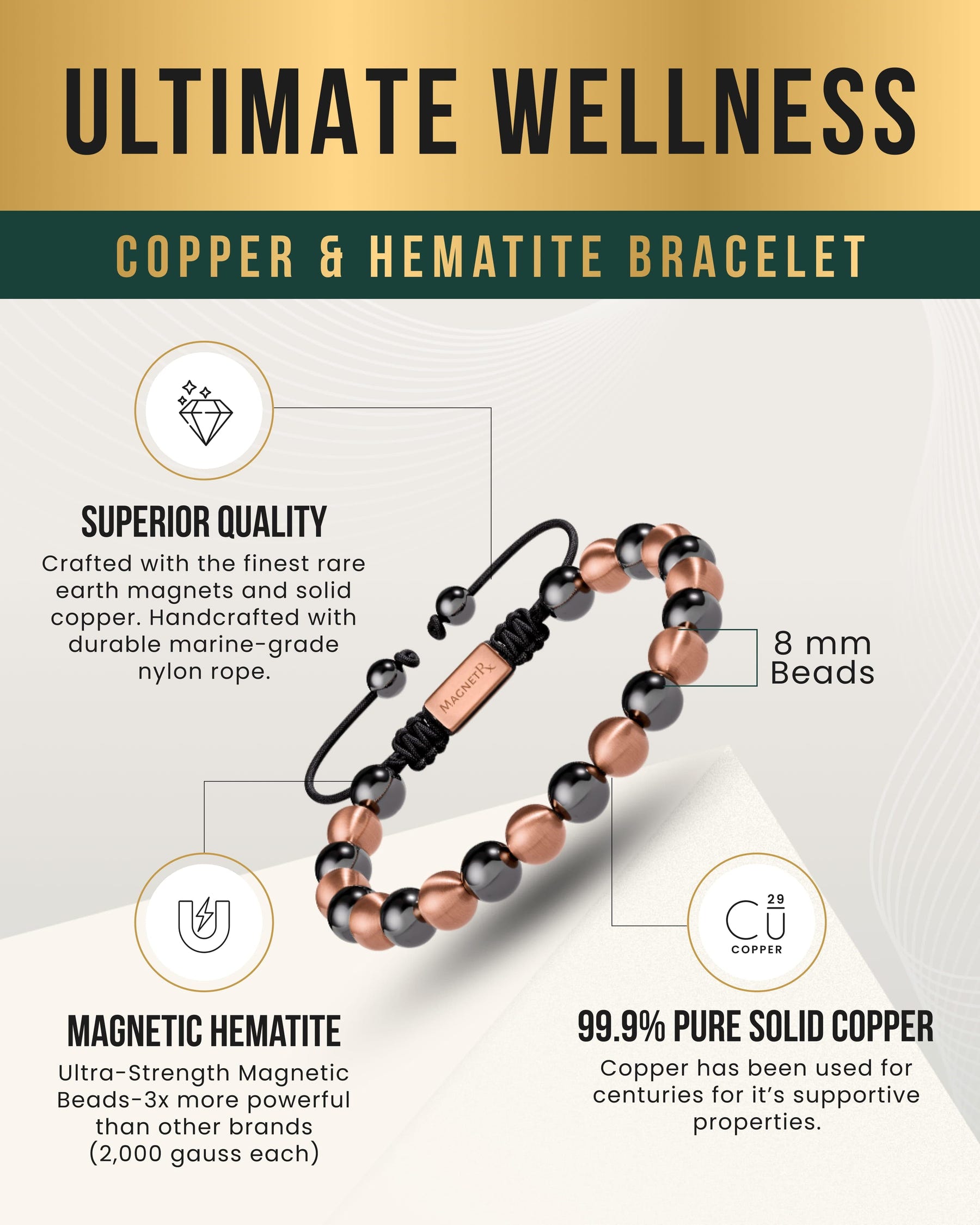 Magnetic Bracelet MAX Strength Magnetic Hematite & Copper Bracelet (Single Row) MagnetRX