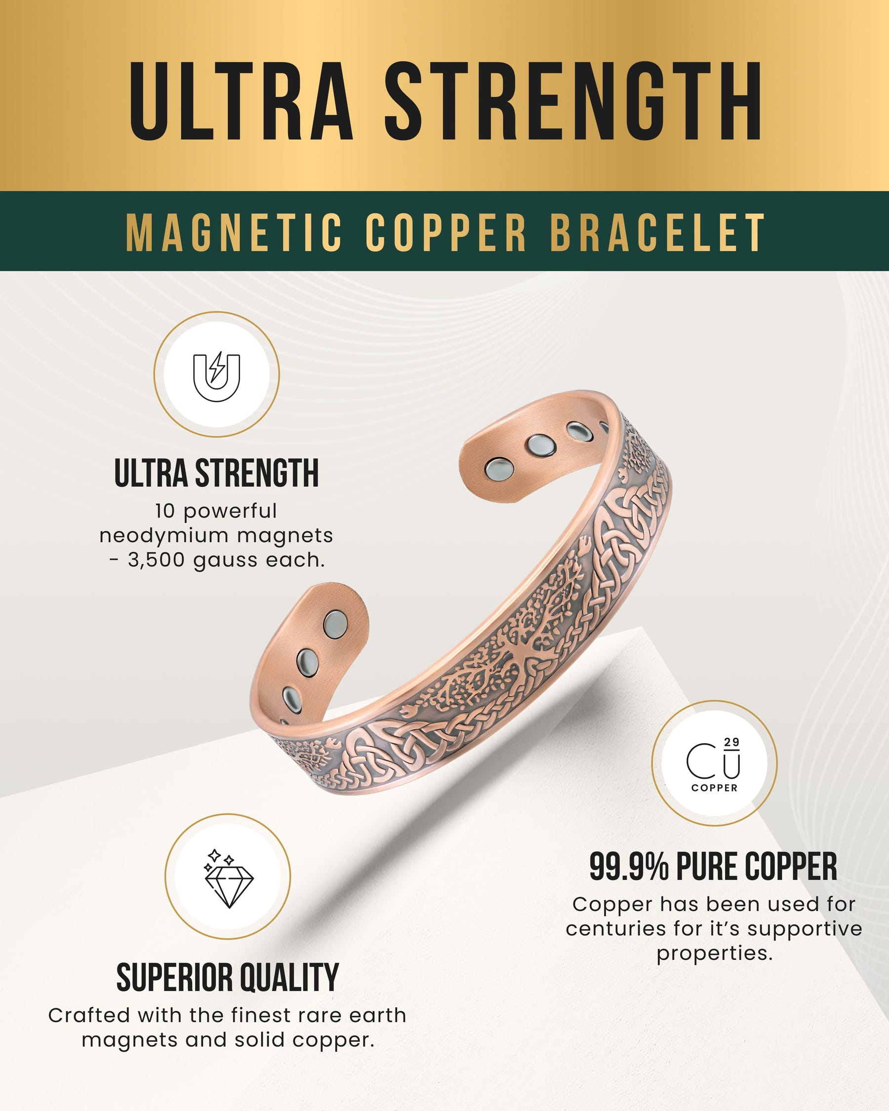 Magnetic Bracelet Stamped Irish Tree Magnetic Copper Bracelet Cuff for Men MagnetRX