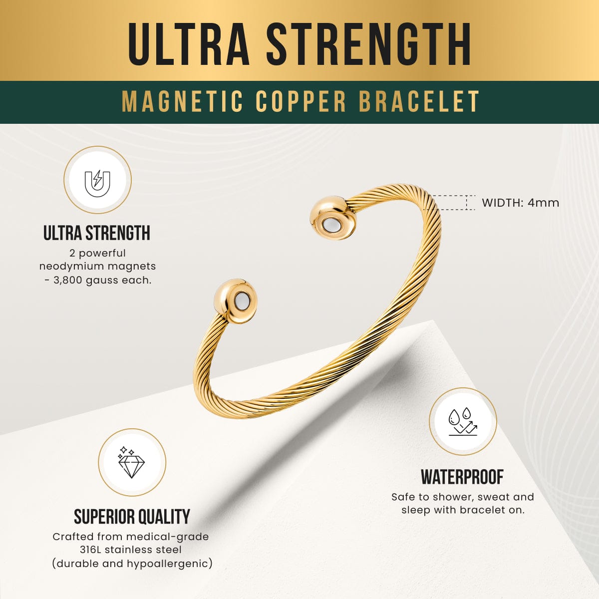Magnetic Bracelet Twisted Cable Magnetic Bracelet Cuff (Gold) MagnetRX
