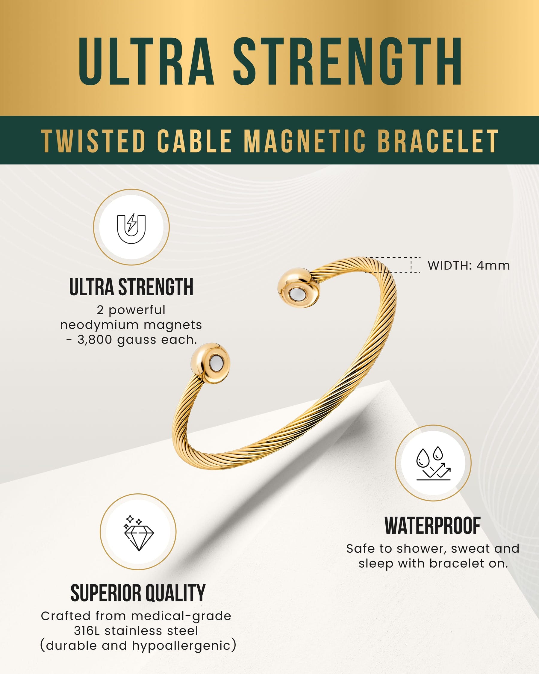 Magnetic Bracelet Twisted Cable Magnetic Bracelet Cuff (Gold) MagnetRX