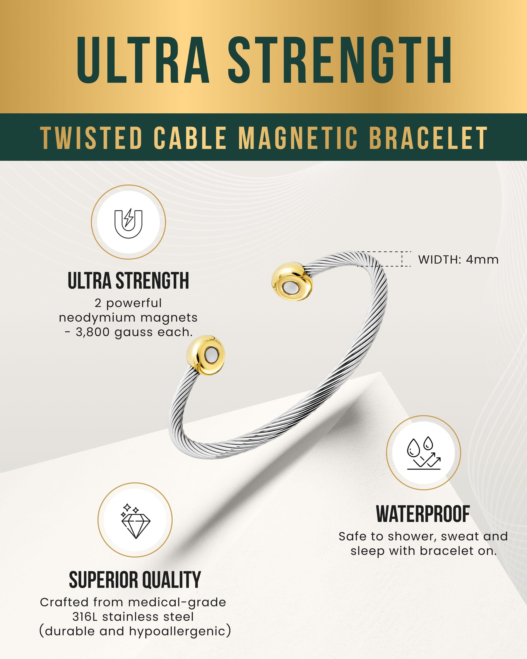 Magnetic Bracelet Twisted Cable Magnetic Bracelet Cuff (Silver & Gold) MagnetRX