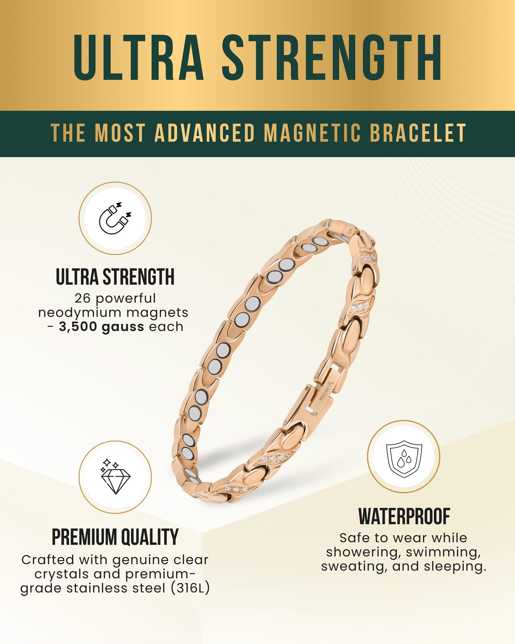 Magnetic Bracelet Women's Ultra Strength Magnetic Bracelet Crystal XO (Rose Gold) MagnetRX