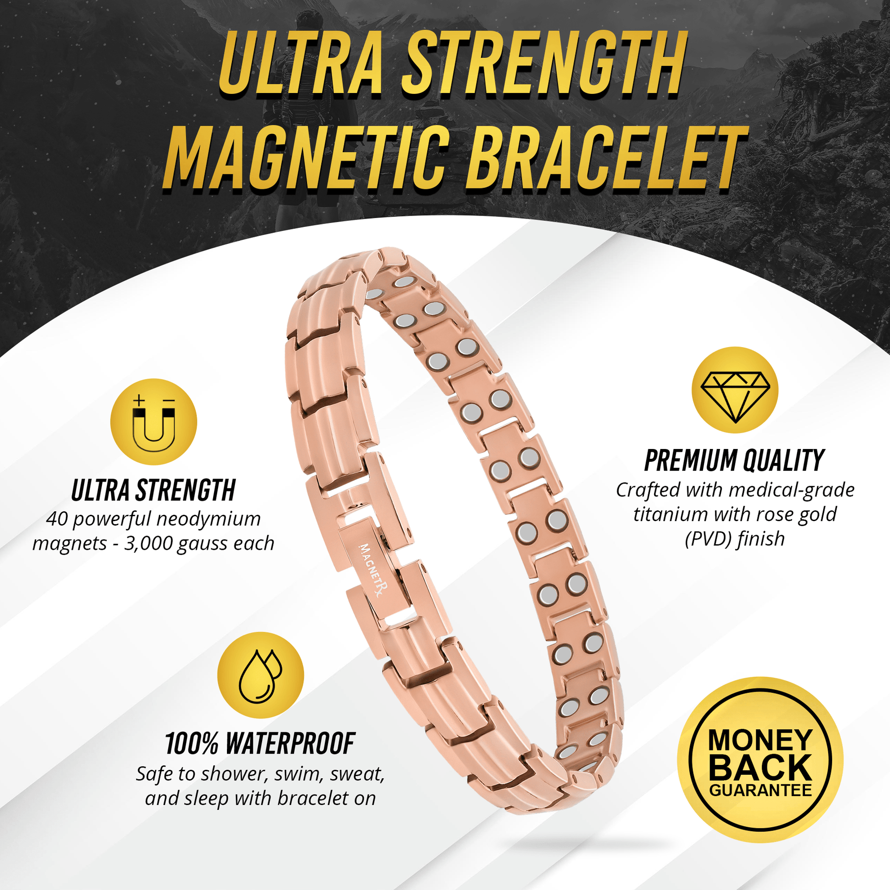 Women's Ultra Strength Magnetic Therapy Bracelet Rose Gold Titanium