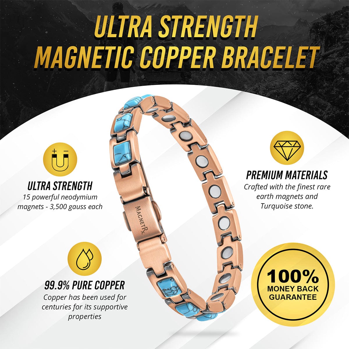 Women's Ultra Strength Pure Copper Magnetic Bracelet (Classic Turquoise)