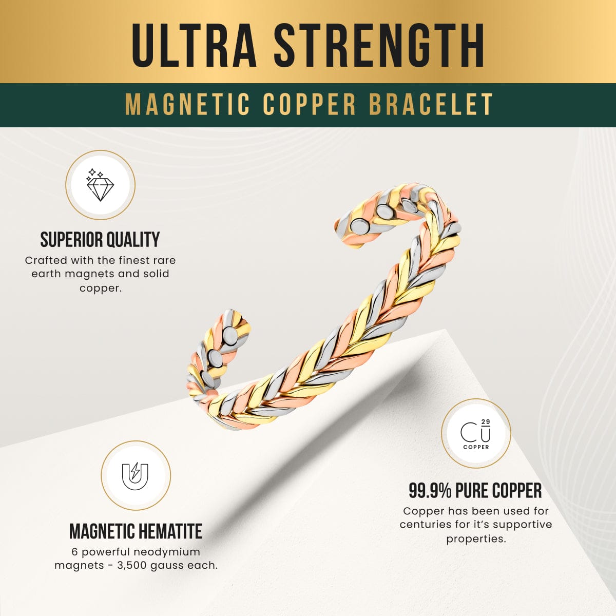 Magnetic Bracelet Woven Tri-Tone Magnetic Therapy Bracelet Cuff MagnetRX