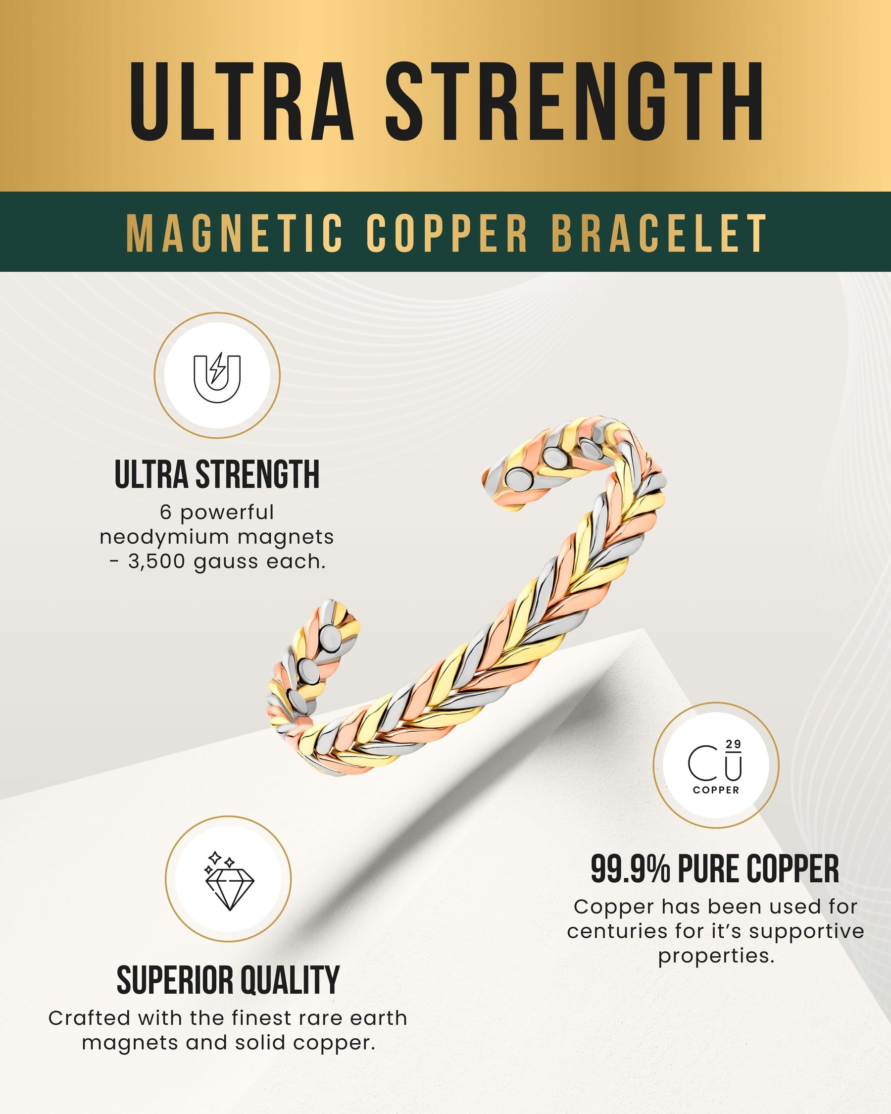Magnetic Bracelet Woven Tri-Tone Magnetic Therapy Bracelet Cuff MagnetRX