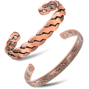 Magnetic Bundles His & Hers Copper Magnetic Cuffs – Twisted & Floral MagnetRX