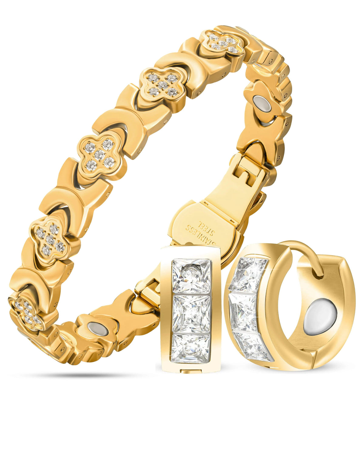 Magnetic Bundles Women’s Crystal Wellness Set – Magnetic Clover Bracelet + Earrings (Gold) MagnetRX