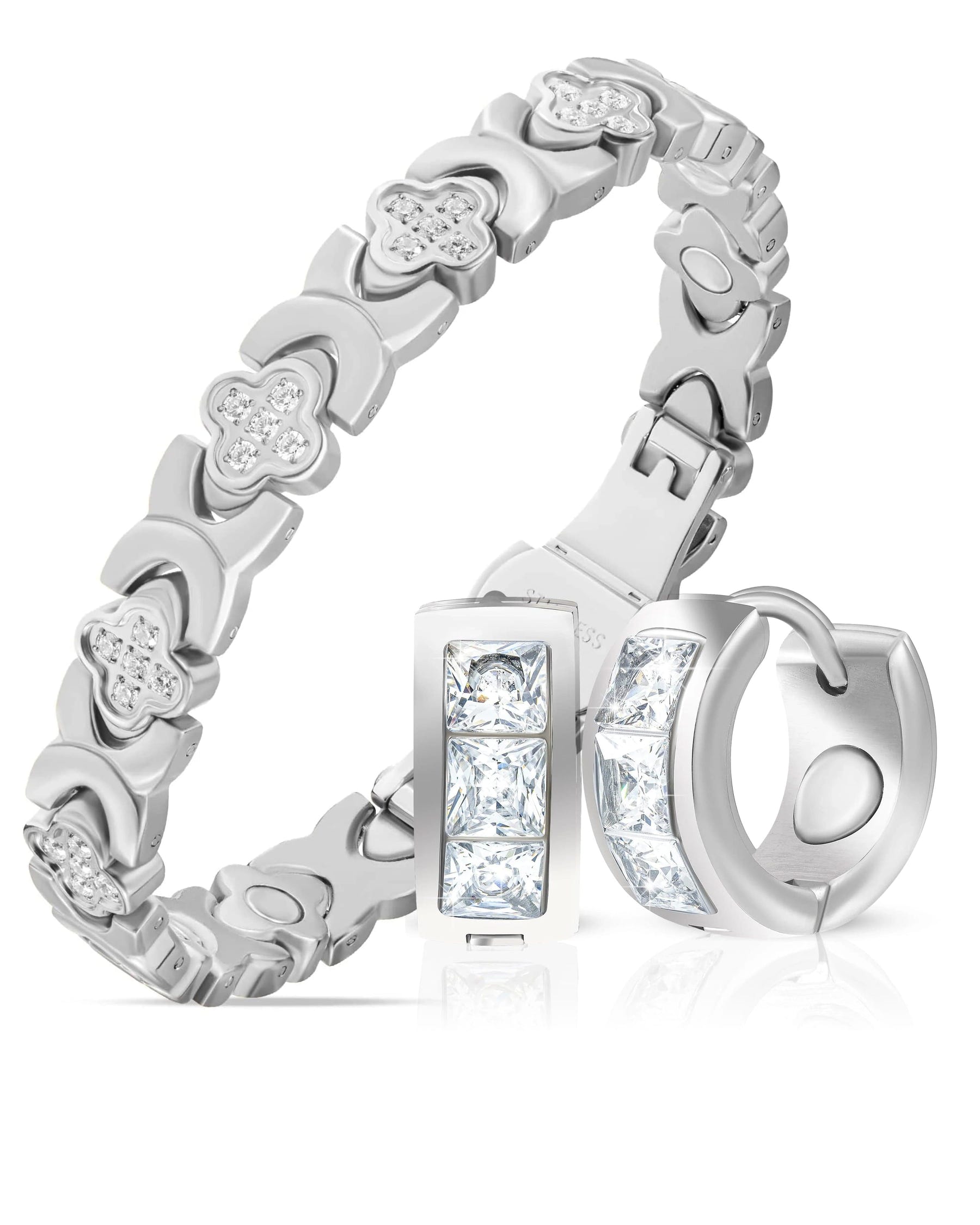 Magnetic Bundles Women’s Crystal Wellness Set – Magnetic Clover Bracelet + Earrings (Silver) MagnetRX
