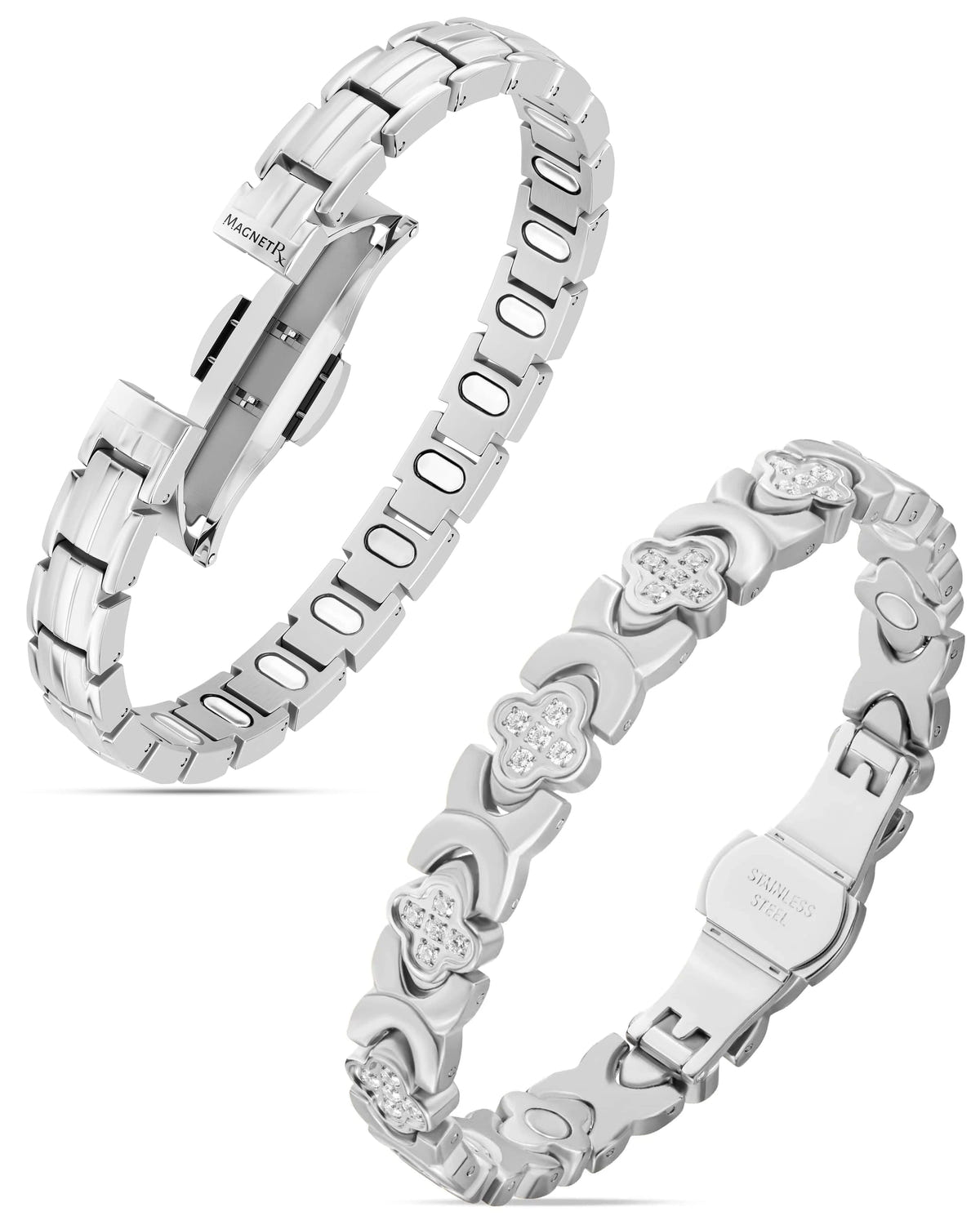 Magnetic Bundles Women’s Silver Magnetic Bracelet Duo – EllipseMAX & Crystal Clover MagnetRX