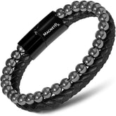 High Power Hematite Bead & Leather Magnetic Bracelet