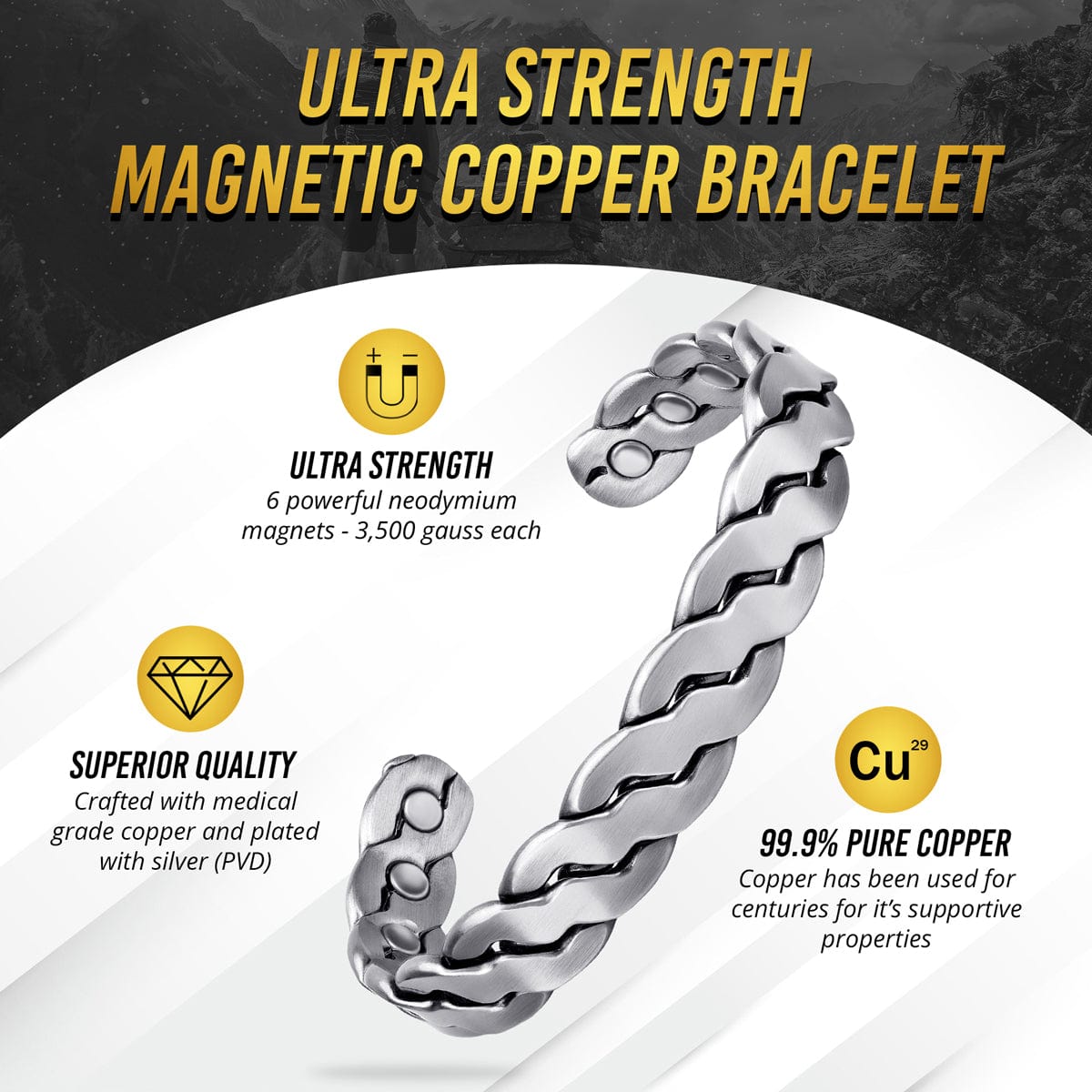 Rugged Twist Magnetic Therapy Bracelet Silver Bangle