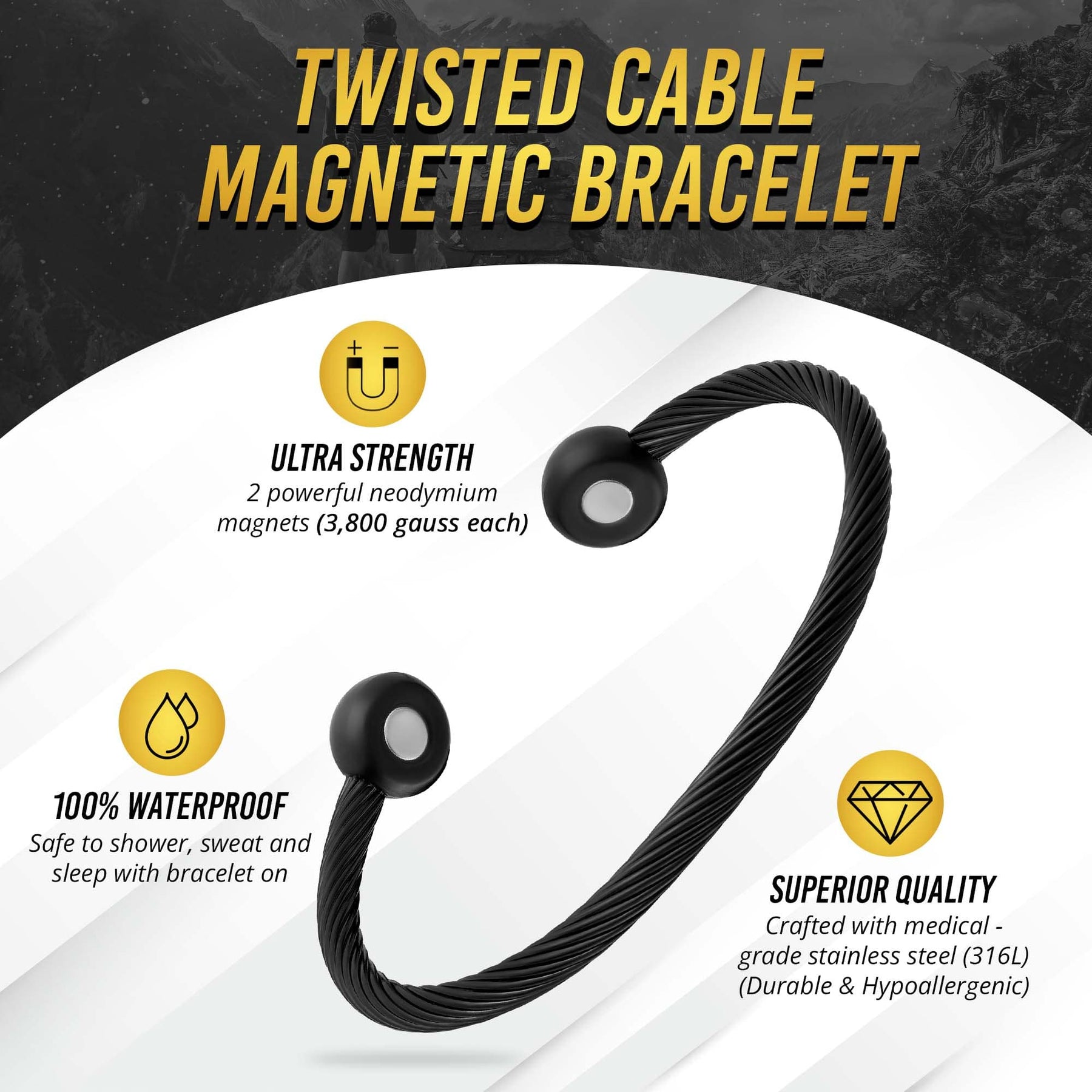 Twisted Cable Magnetic Bracelet Cuff (Black)