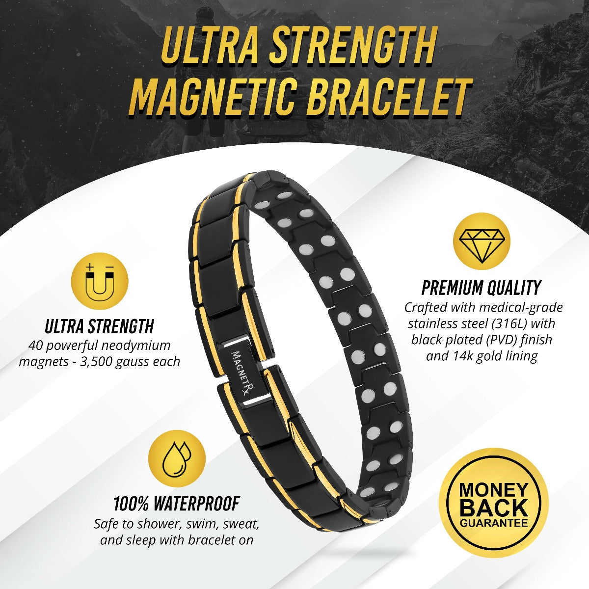 Ultra Strength Black & Gold Trim Magnetic Therapy Bracelet