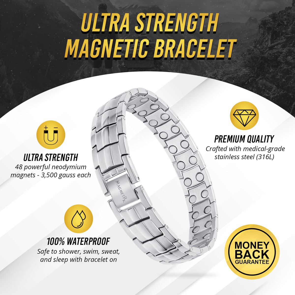 Kilauea Mountain Marine Thicken Ultra Strength Magnetic Therapy Bracelet Silver Classic